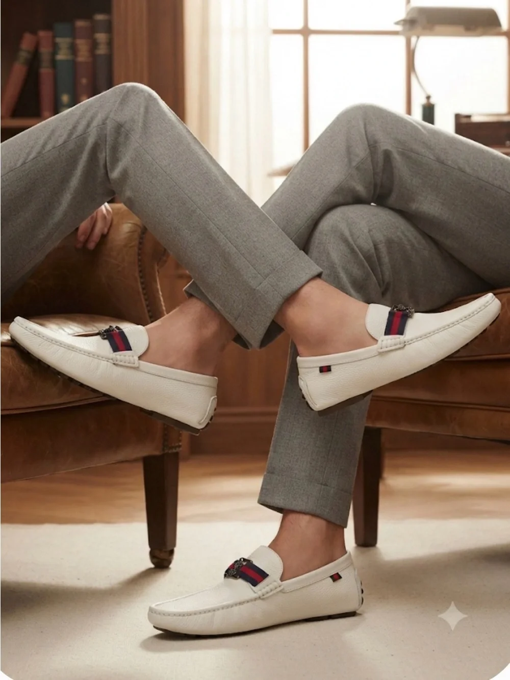 White Leather Loafers with Web Ribbon - Luxury Men’s Driving Shoes